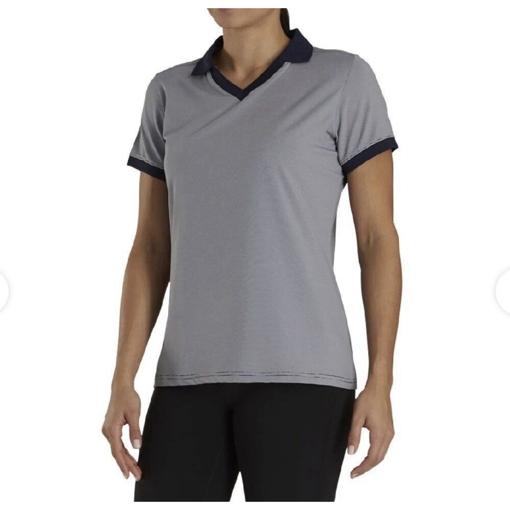 FootJoy End On End  Open Collar Golf Polo Blue Mini Stripe Short Sleeve